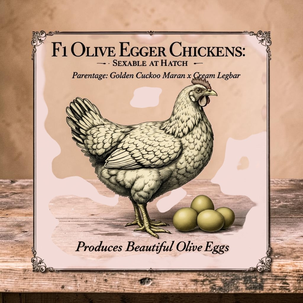 Self Sexing F1 Olive Eggers Golden Cuckoo x Cream Crested Legbar